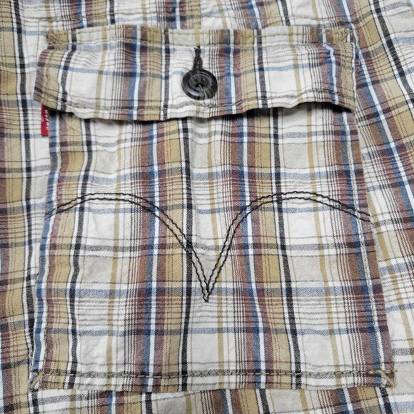 Levi’s Cargo Shorts Size 36 Plaid 100% Cotton Tan White Brown 11” Inseam - Picture 4 of 11